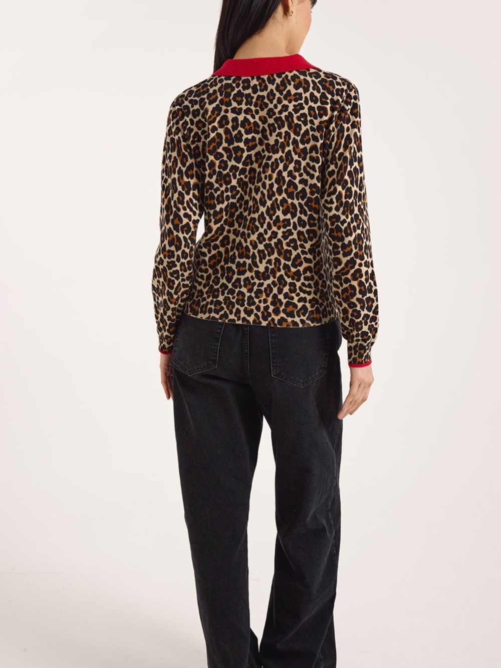Leopard Print Polo Sweater with Red Trim - Picture 4 of 11